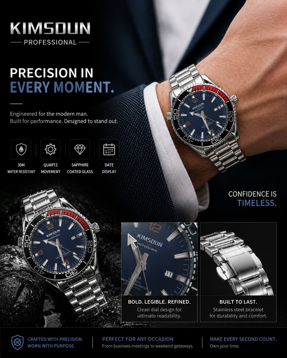 KIMSDUN Men’s 45mm Blue Dial Diver Style Watch Silver Tone Stainless Steel Date