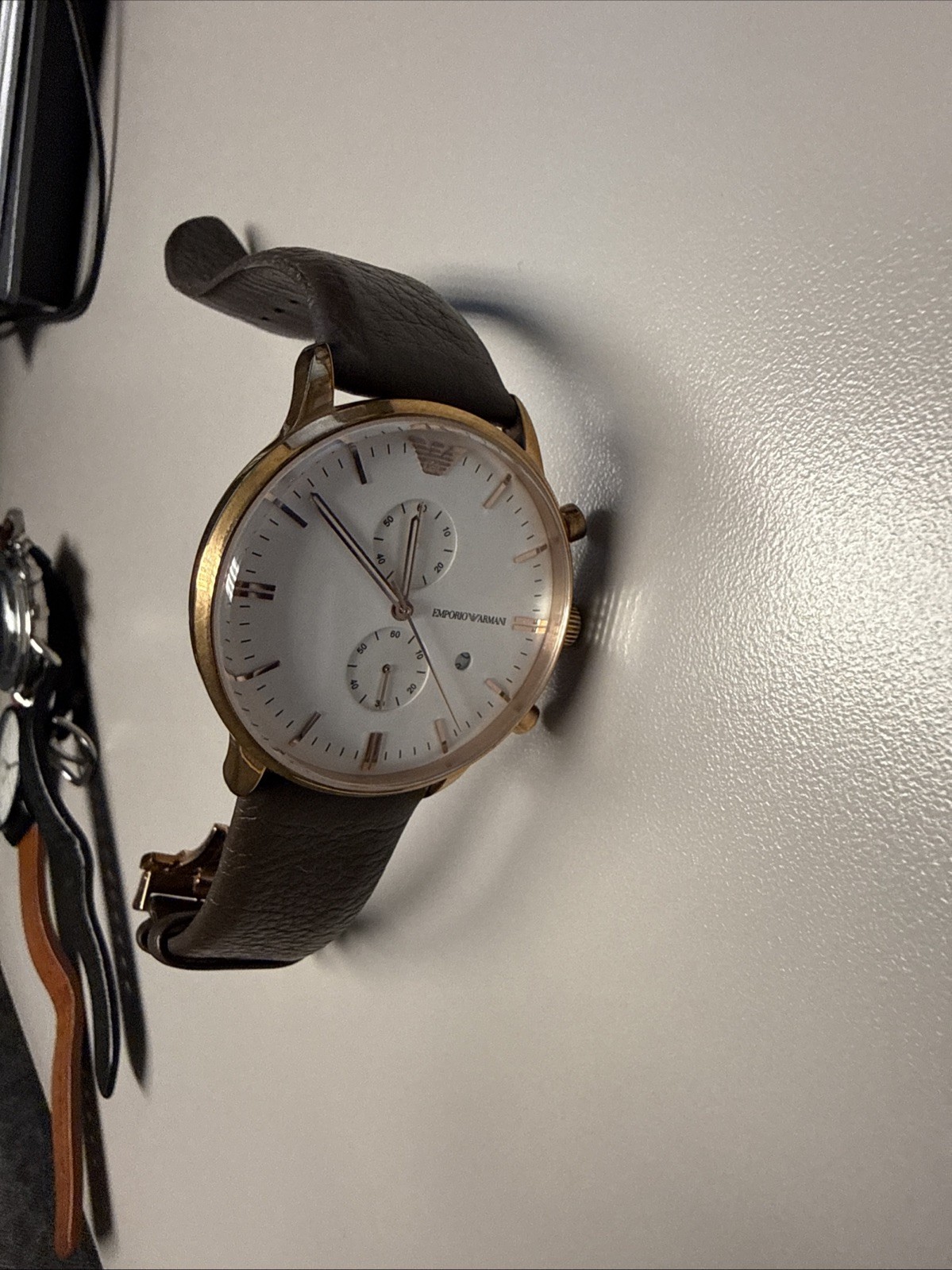 Emporio Armani AR1936 Mens Chronograph Date White Dial Brown Leather Strap Watch