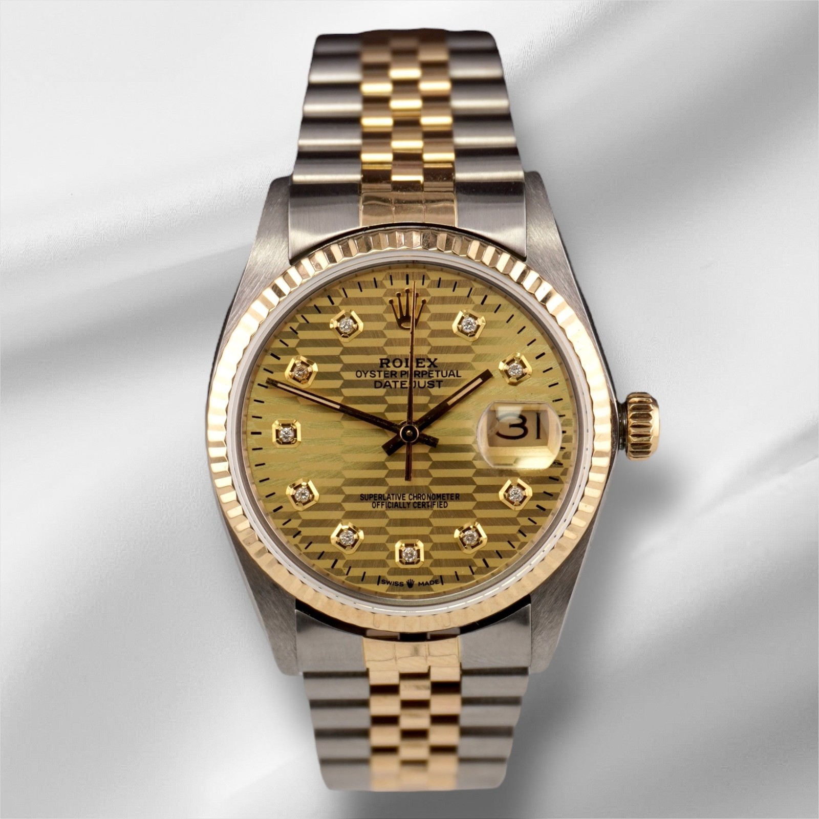 Rolex Datejust 36mm Yellow Gold Fluted Motif Diamond Dial Jubilee Watch 16013