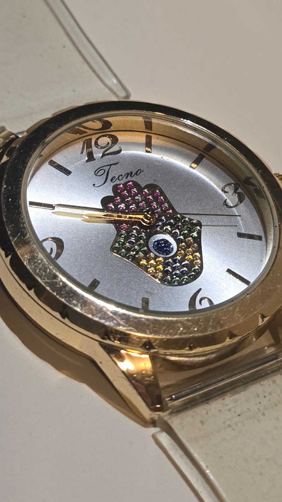 Womens Hamsa Watch Gold Tone Clear Band Crystal’s Needs Battery