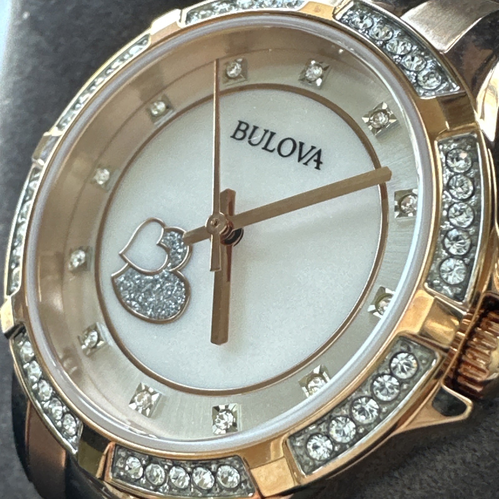 BULOVA WOMENS $425 ROSE GOLD MOP DIAL CRYSTAL ACCENT HEARTS 30MM WATCH 98L303