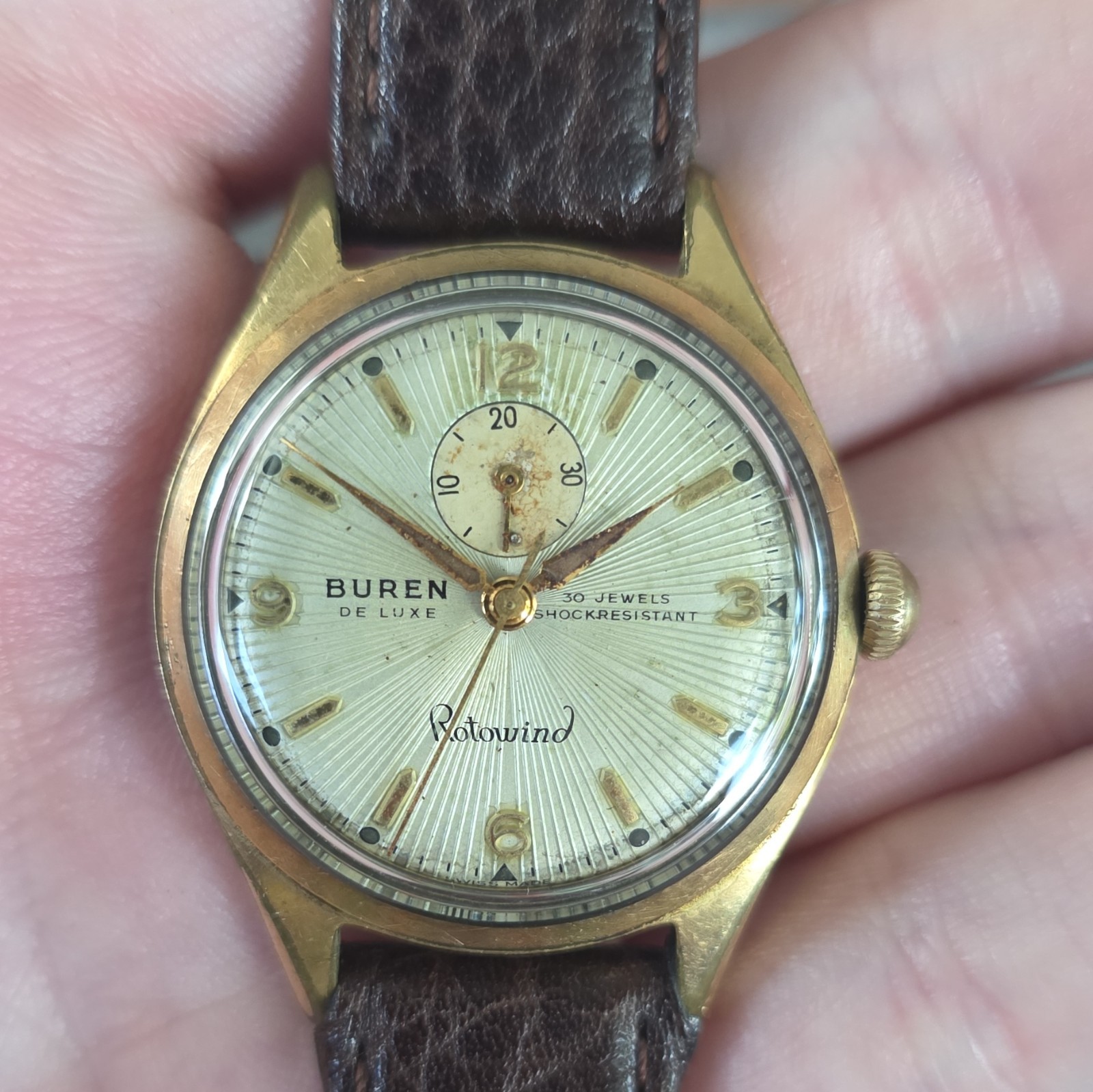 Buren Rotowind Automatic 30J Swiss Gold Plated Silver Dial Brown Leather 35mm