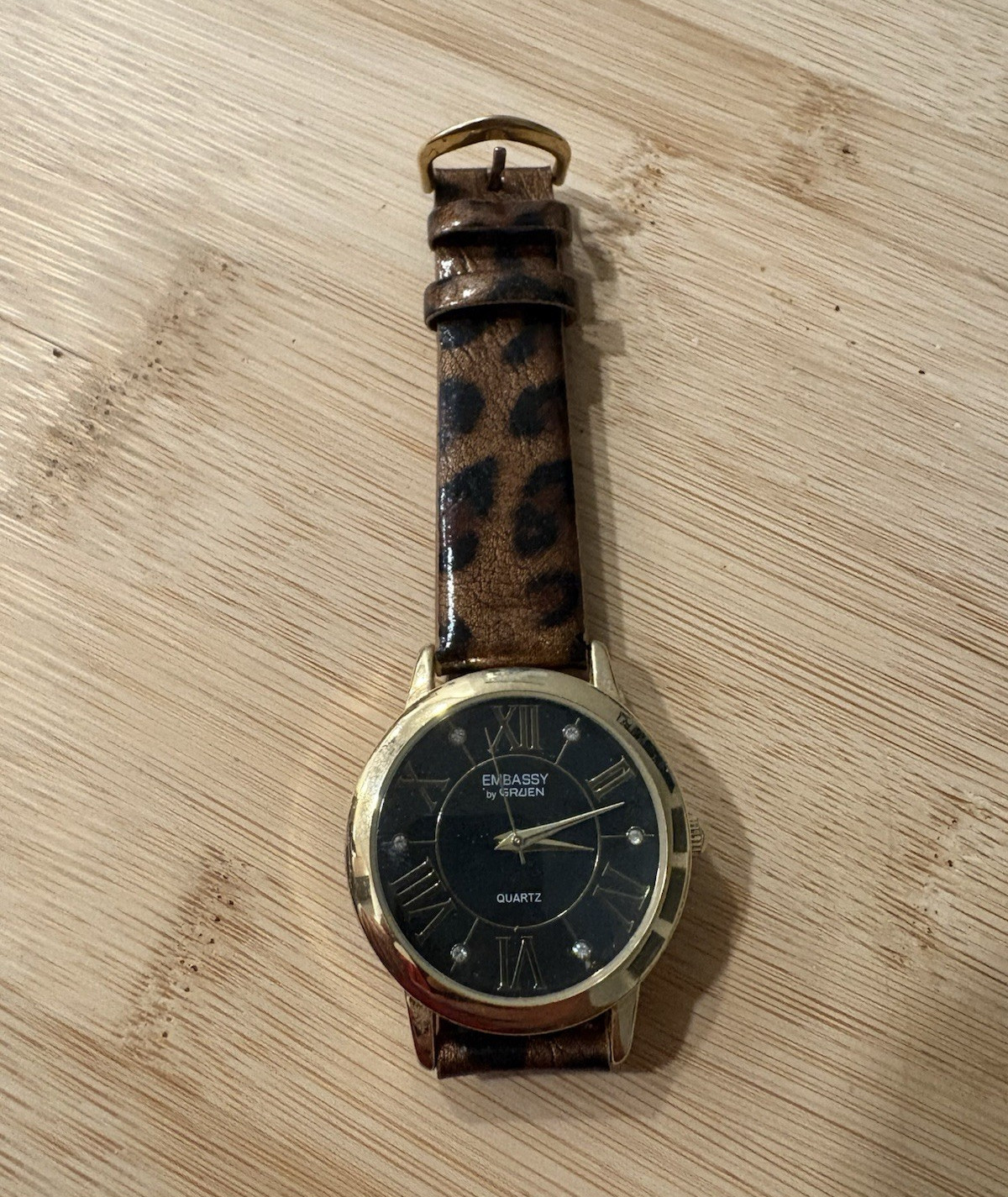 Embassy by Gruen Quartz Black Dial Roman Numerals Gold-tone Case Leopard Strap