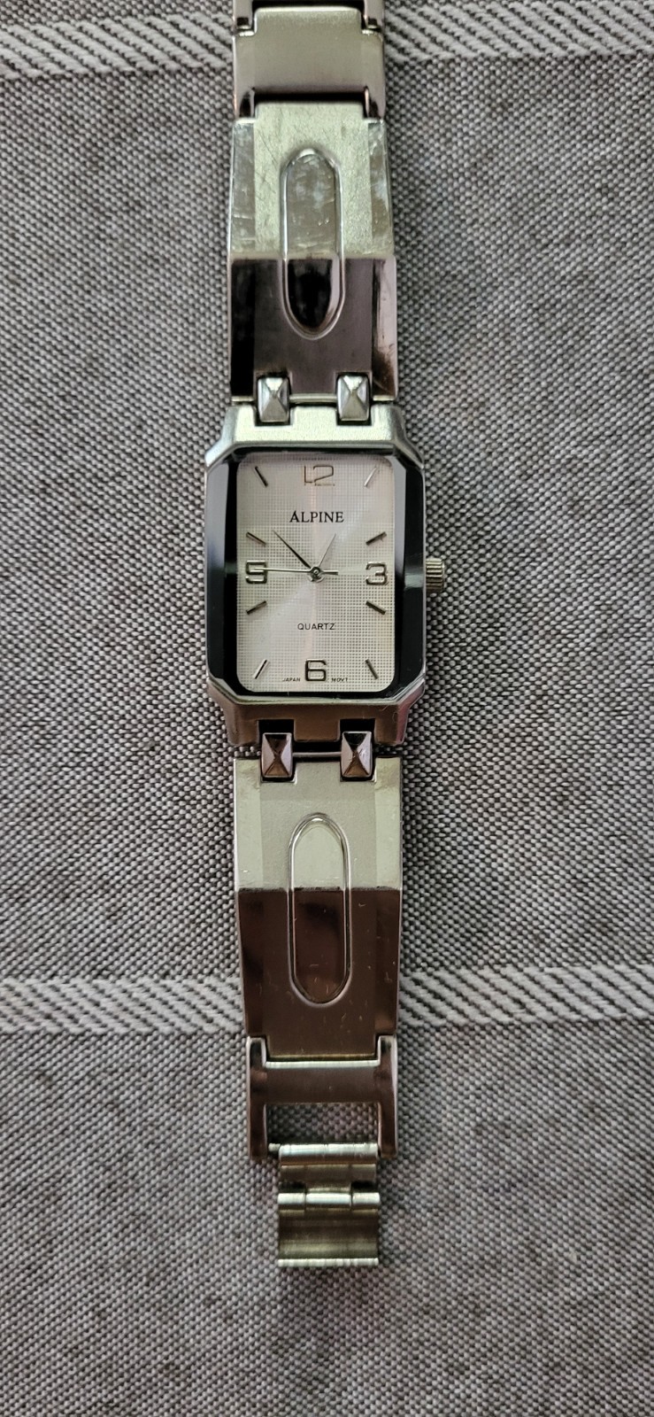 Alpine Quartz Rectangular Dress Watch Silver Tone Stainless Japan Needs Battery