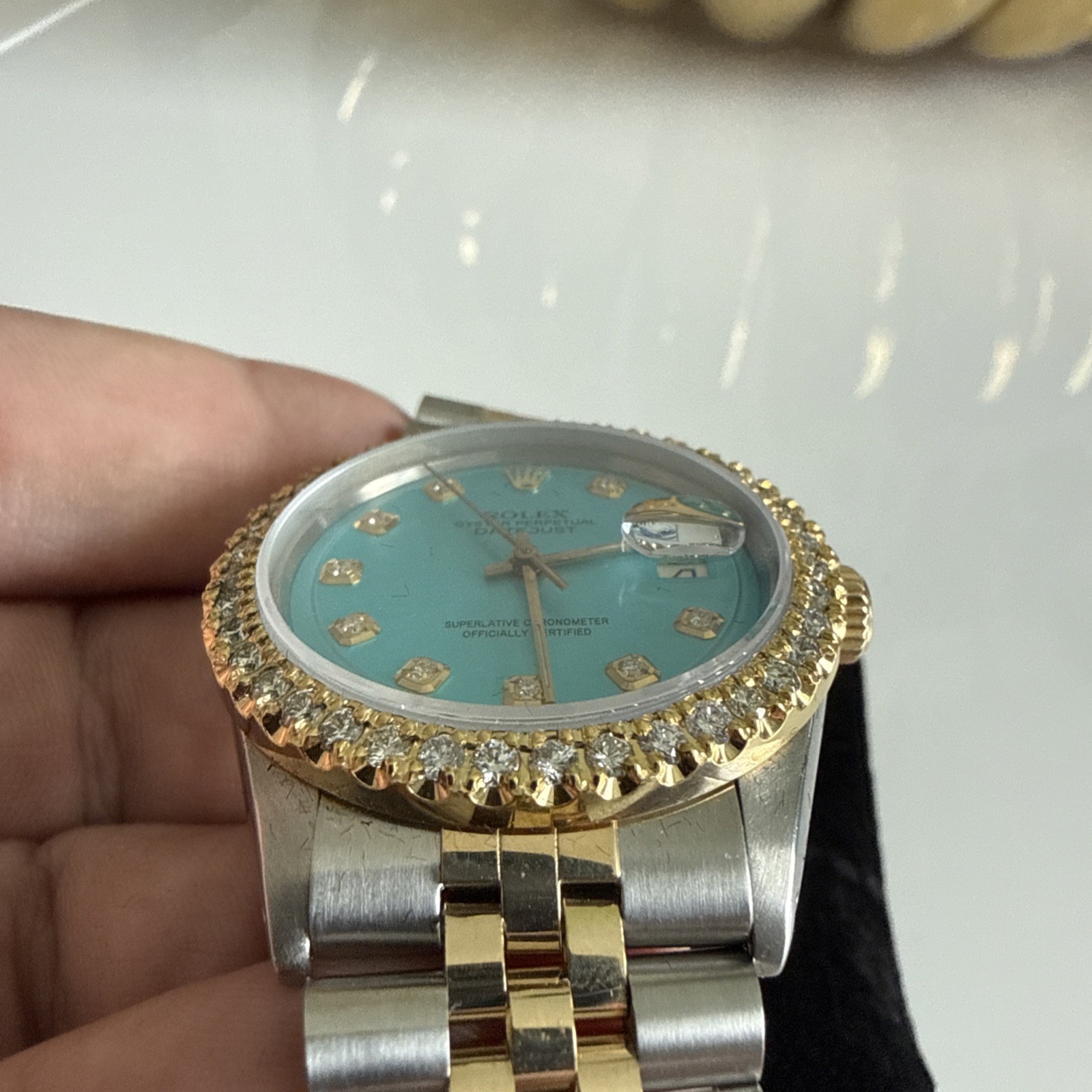 Rolex Datejust 2 Tone White Gold Diamond Bezel Custom Tiffany Blue Dial 36mm