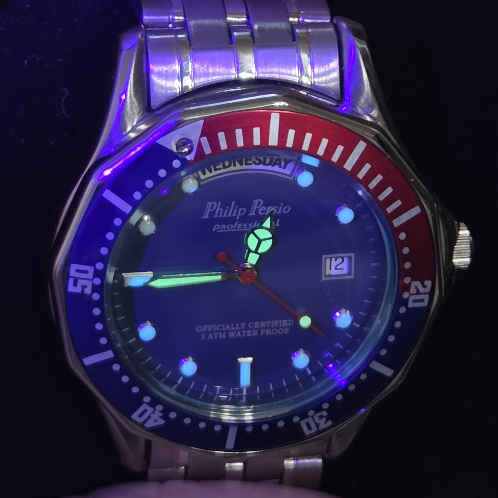 Philip Persio Pepsi Day Date Quartz Watch Blue Dial S.Steel Bracelet Japan Mov