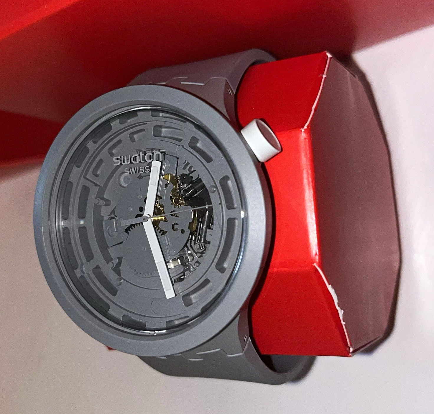 Swatch Big Bold Analog Quartz Watch 47mm Skeleton Gray Dial Gray Strap w/ Box