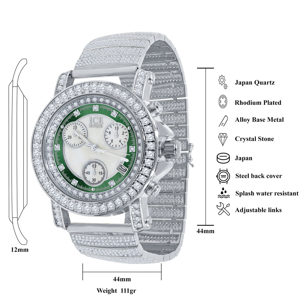 14K White Gold Tone 8 Real Diamonds Green & White Dial Luxury Band Watch W/Date