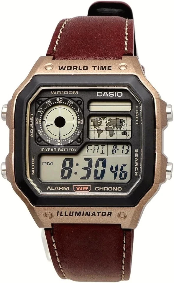 Casio Standard Digital World Time Leather Strap Quartz AE-1200WHL-5AV 100M Men S