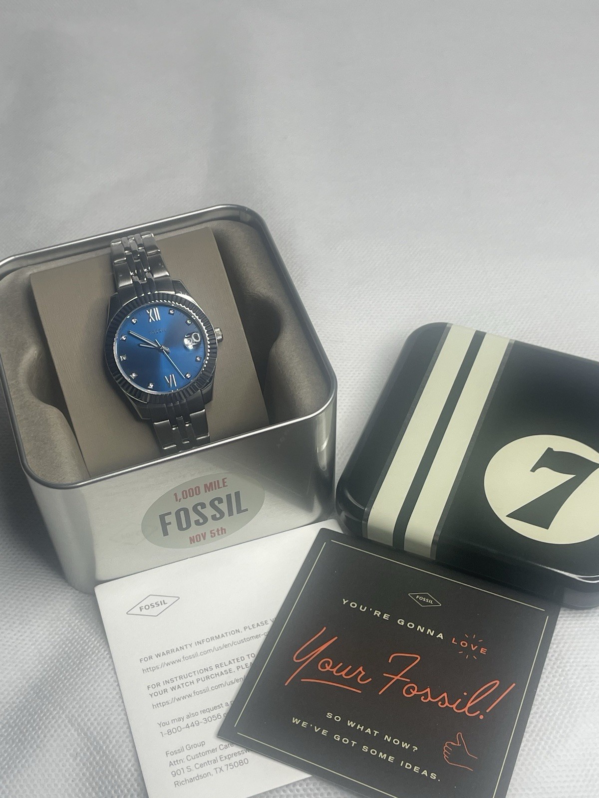 Fossil Scarlette Royal Oyster Stainless Steel Watch Blue Silver Gemstones ES4902