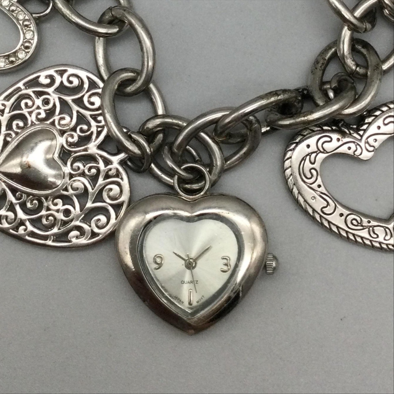 Heart Womens Watch 26mm Heart Shape Dial Silver Tone Charm Bracelet 8.25″