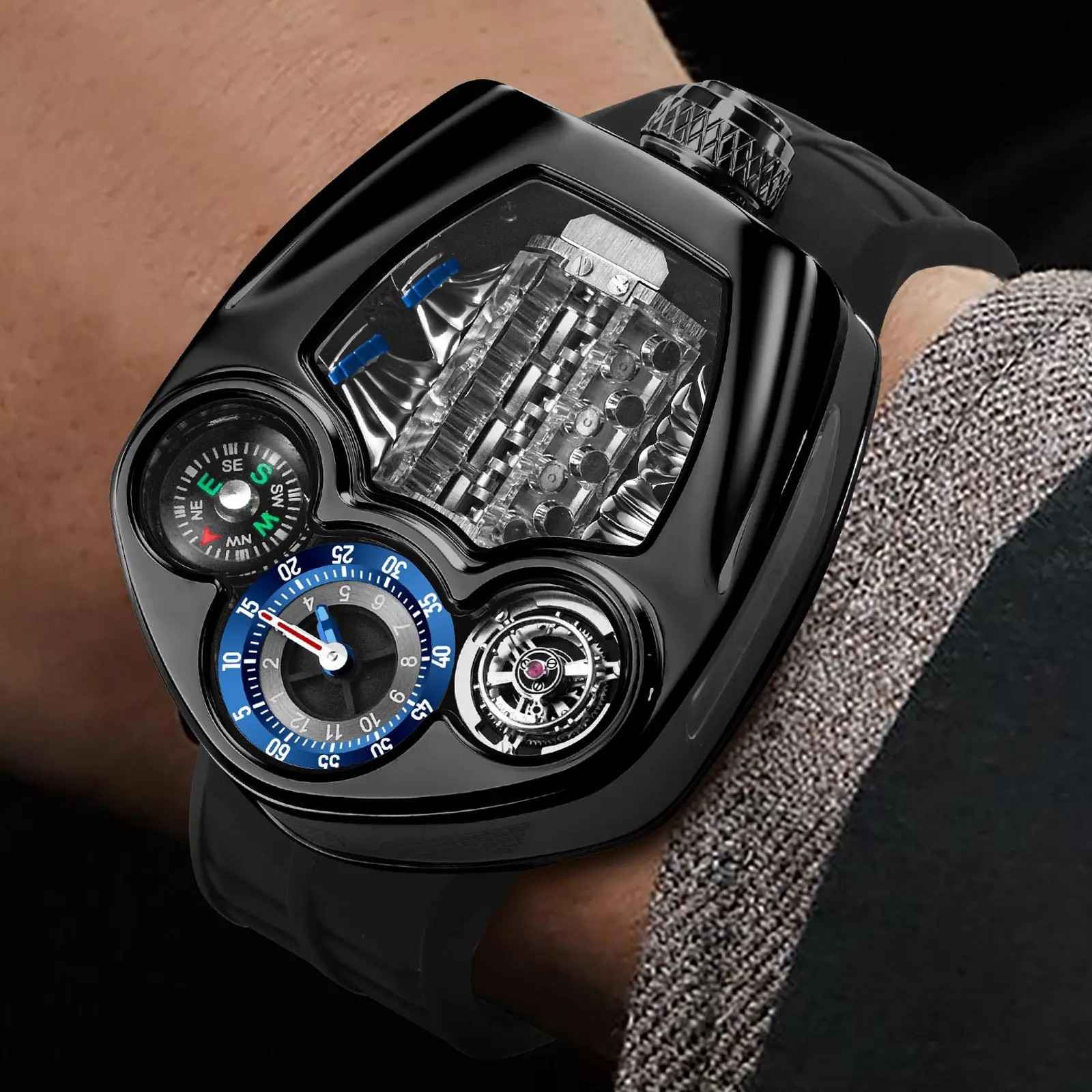 PINDU Engine Series Watch Men Compass Waterproof Swiss Quartz 762 Movement
