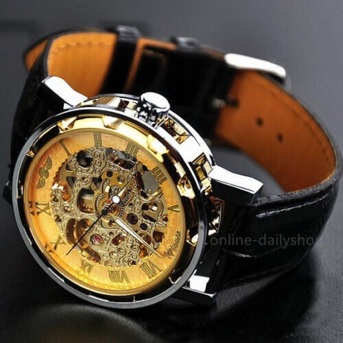 Luxury Men’s Skeleton Leather Steampunk Mechanical Wrist Watch Gold