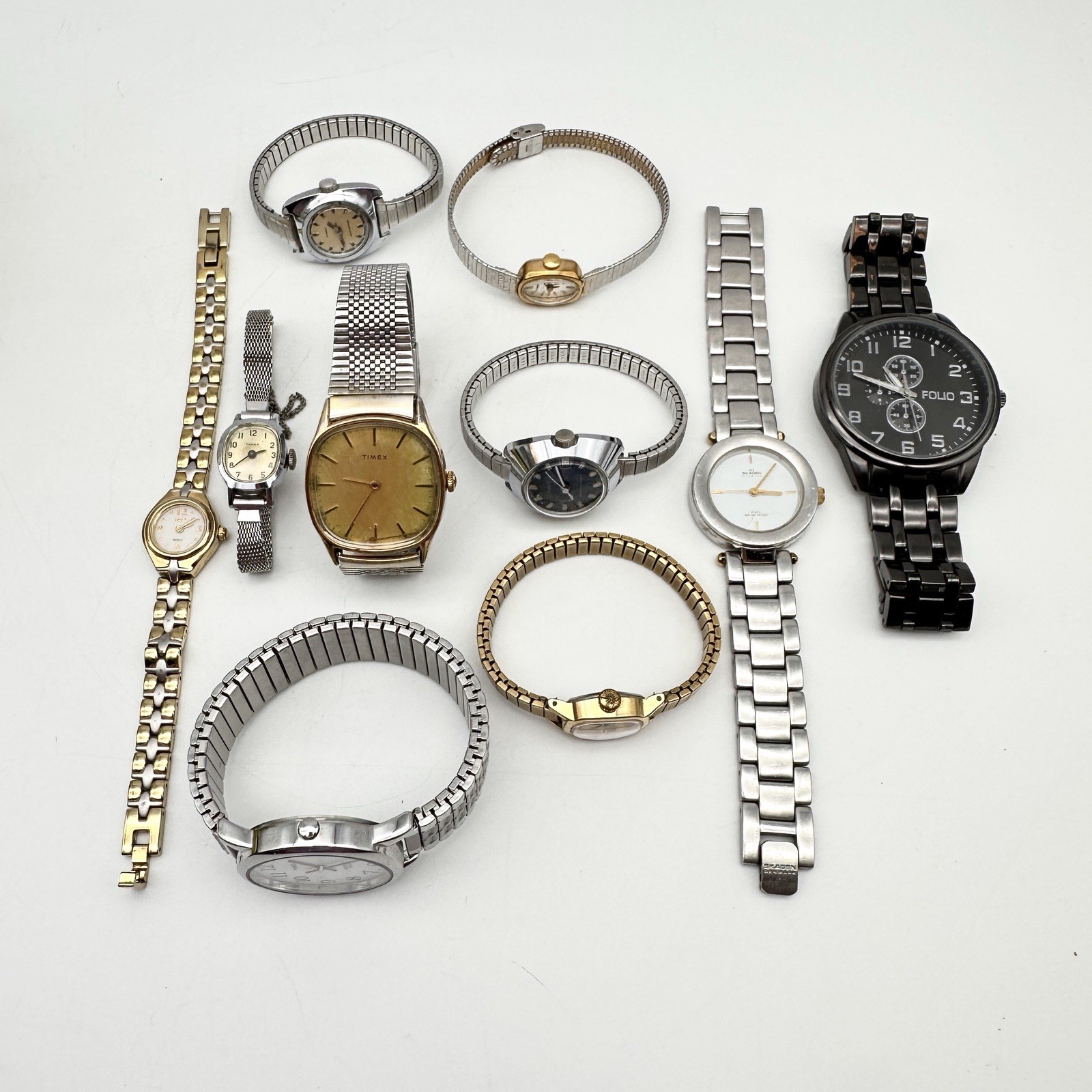 10 Vintage Timex, Folio, Skaagen Mixed Style Watch Lot, Men/Women, Parts/Repair