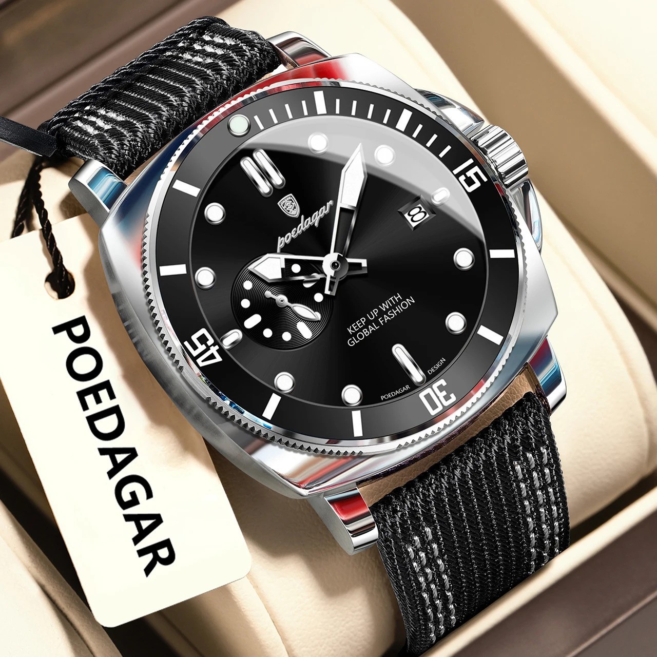POEDAGAR Men’s Quartz Diver Watch Steel or Nylon Strap Luminous Date Display