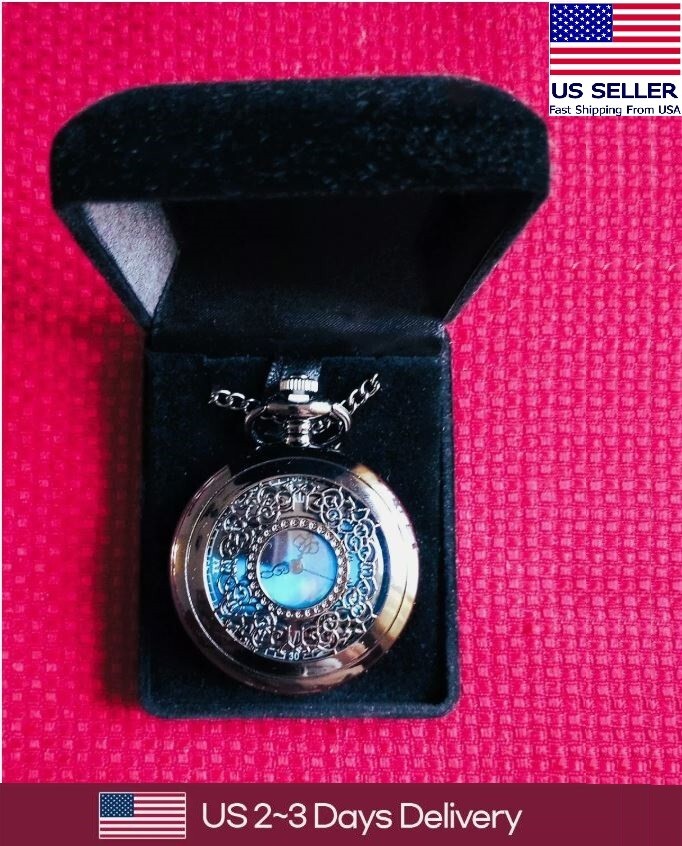 Vintage-Style Bronze Pocket Watch with Starry Blue Dial in Black Velvet Gift Box
