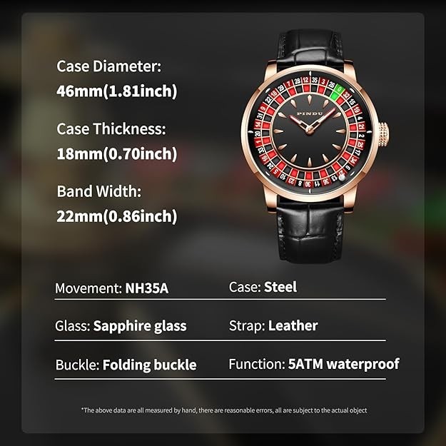 🔥USA🔥 PINDU Design NH35A Rotary Roulette Casino Mechanical Watch Leather P6626