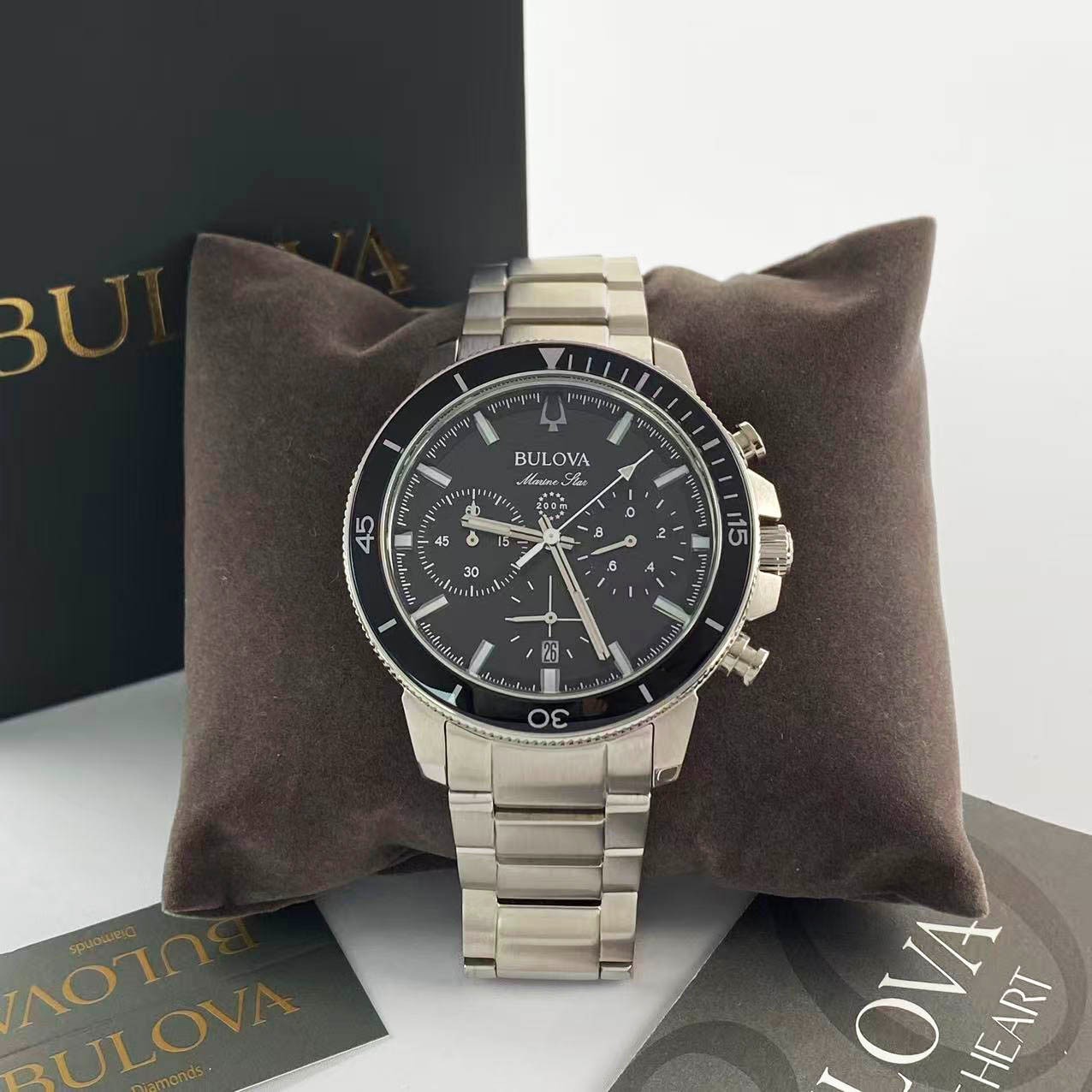 New Bulova Marine Star 96B272 Black Dial Stainless Steel Men’s Quartz Watch 45mm