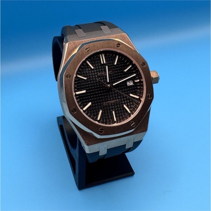 Custom watch “sieko oak” 41mm rose gold case black dial rubber sport strap