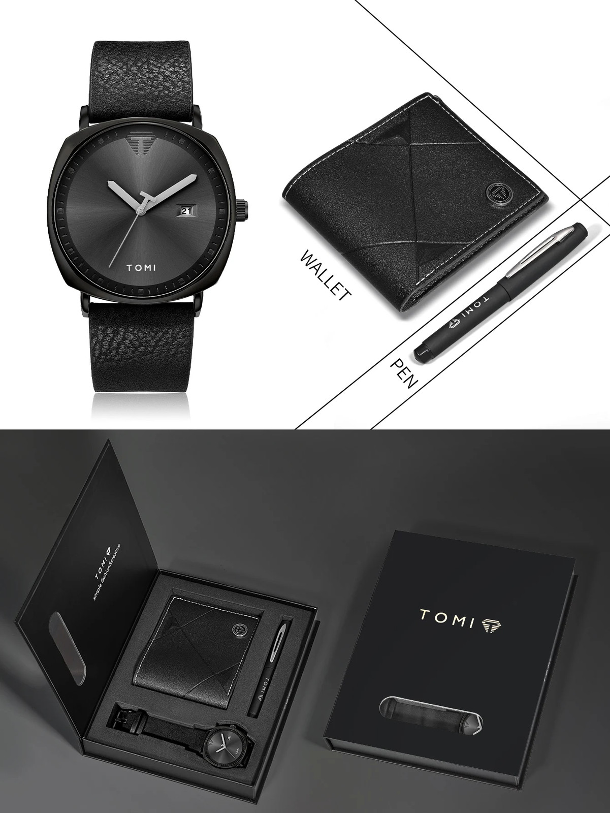 3PCS Simple Business Men Watch Wallet Gift Box Set High Quality Classic