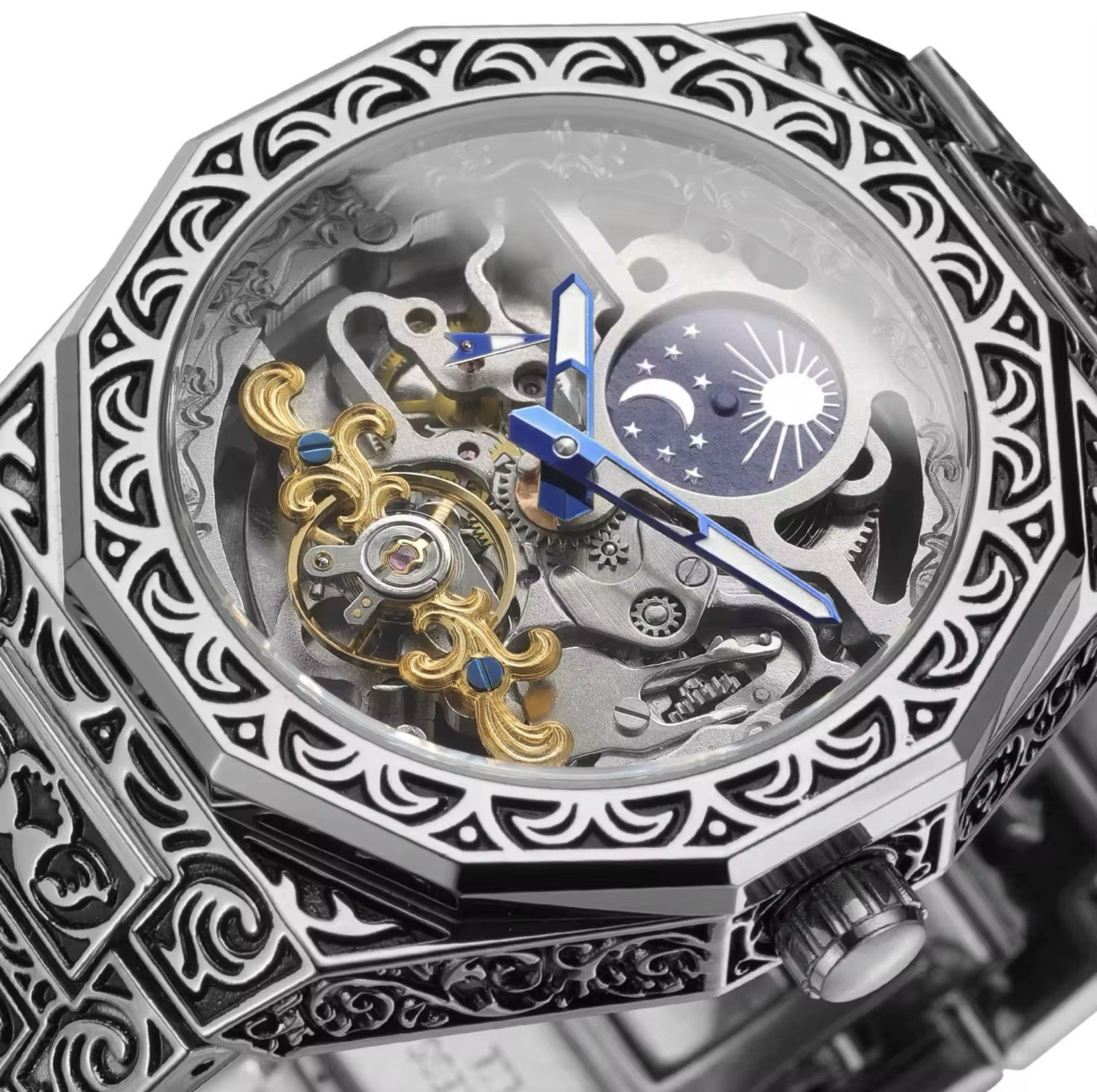 Forsining Skeleton Carved Tourbillon Mechanical Moon Dial Mens Watch waterproof
