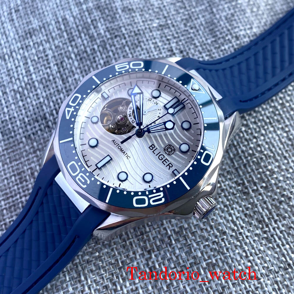 BLIGER 41MM White Dial NH39 Automatic Mens Watch Sapphire Glass Rubber Strap