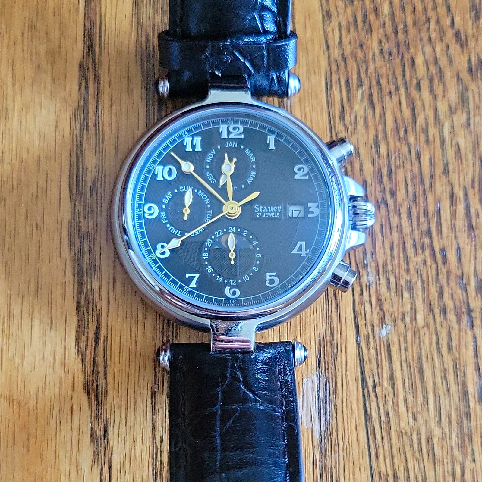 Stauer 27 Jewels Automatic Watch Black Dial, Steel Case, Leather Strap, Date