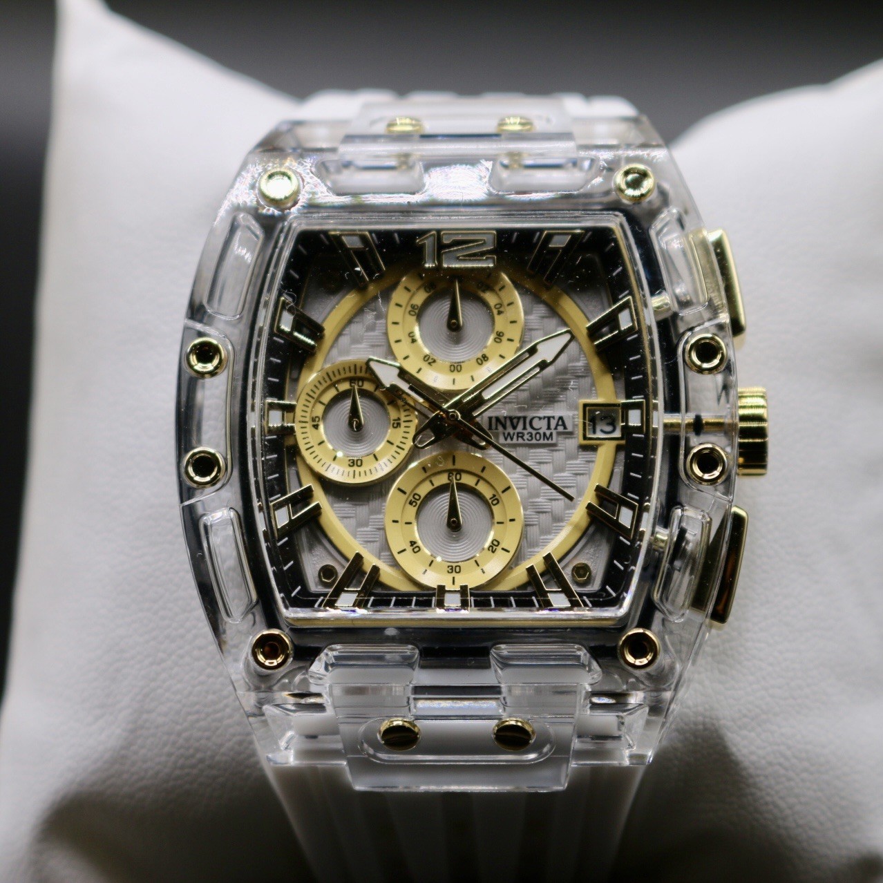 Invicta S1 Rally 42mm Gold Dial Clear Quartz Chronograph White Silicone Watch