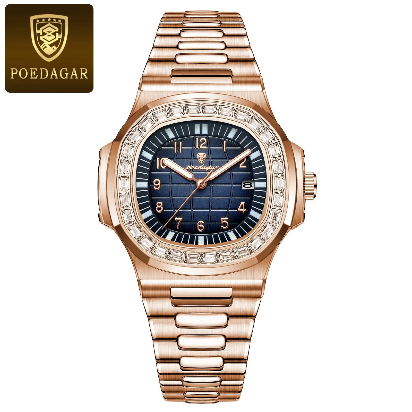 POEDAGAR Men’s Square Quartz Watch Waterproof Luminous Date Stainless Steel