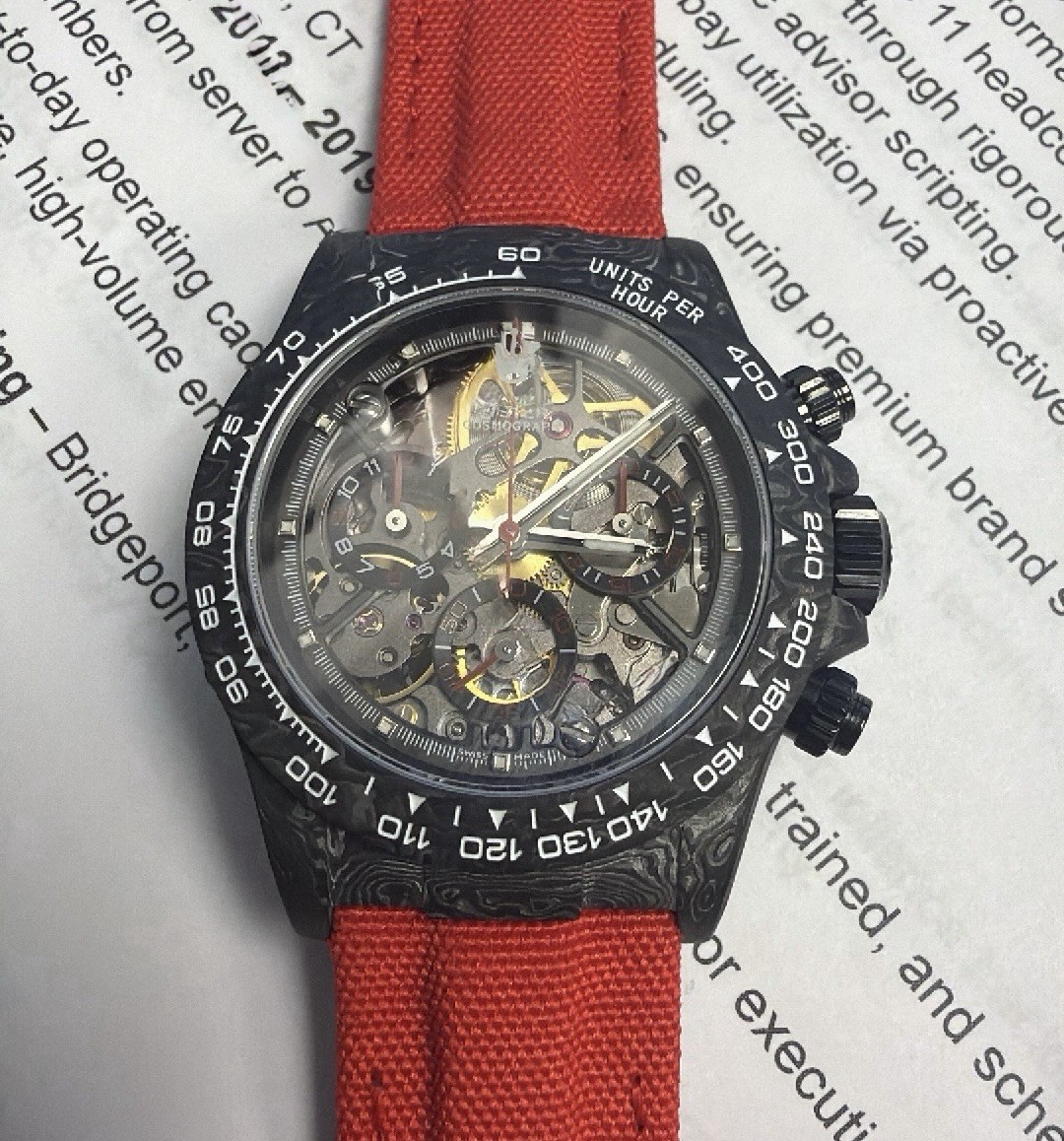 Custom Tribute to Daytona Carbon Fiber Skeleton Chronograph Tachymeter Red