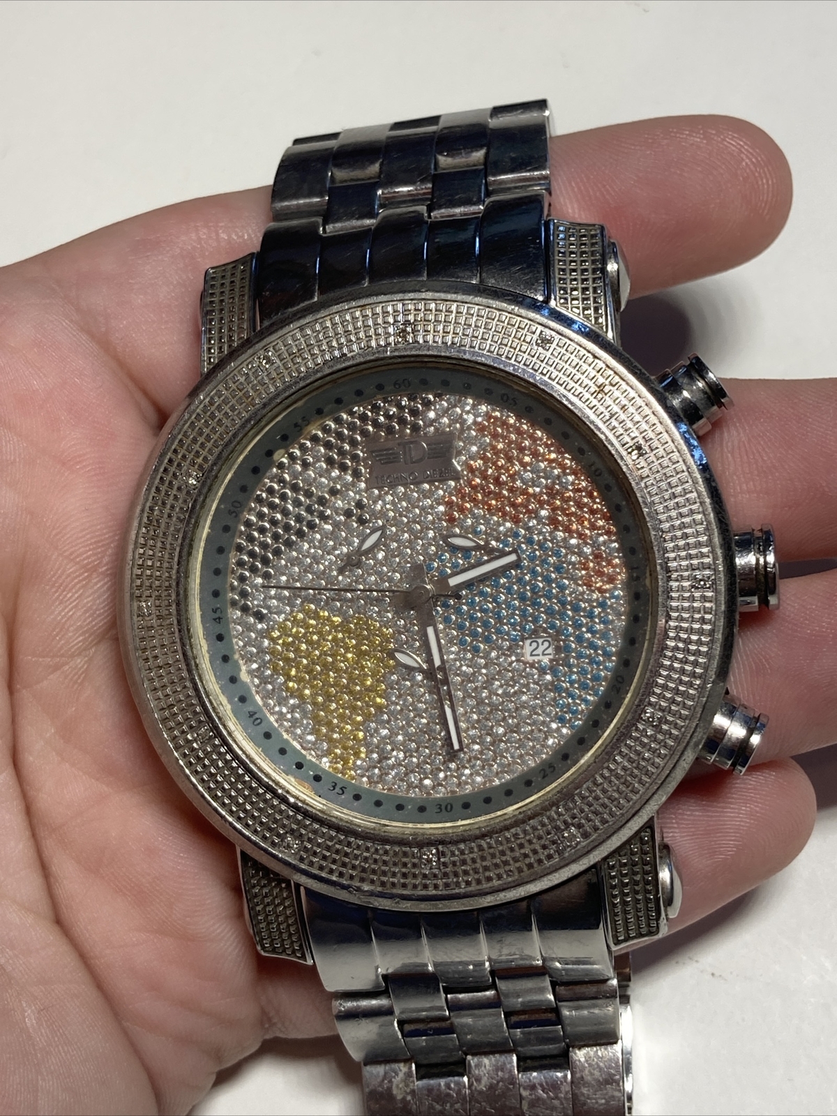 TECHNO DIEZEL Chronograph Calendar All Stainless Steel w/ Diamonds Swiss Watch