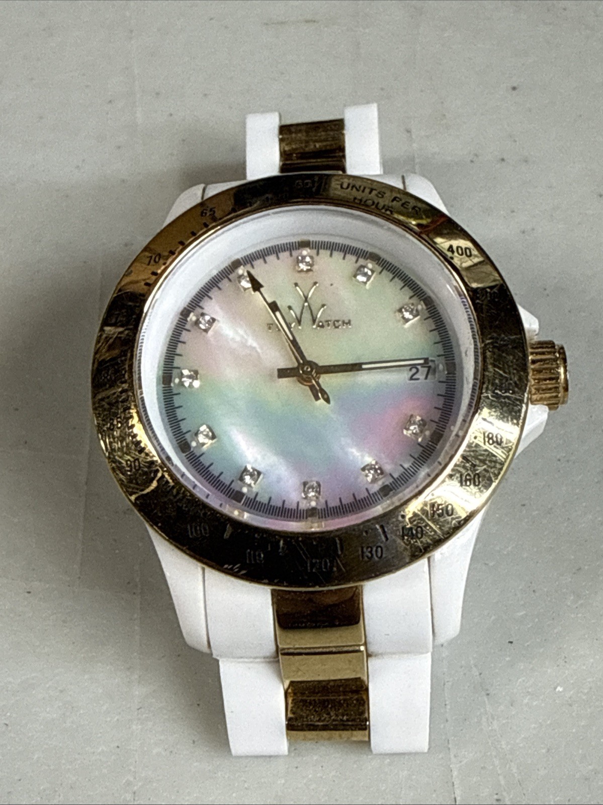 Womens Toy Watch White & Gold Toned Wristwatch Mother Of Pearl Dial New Battery!