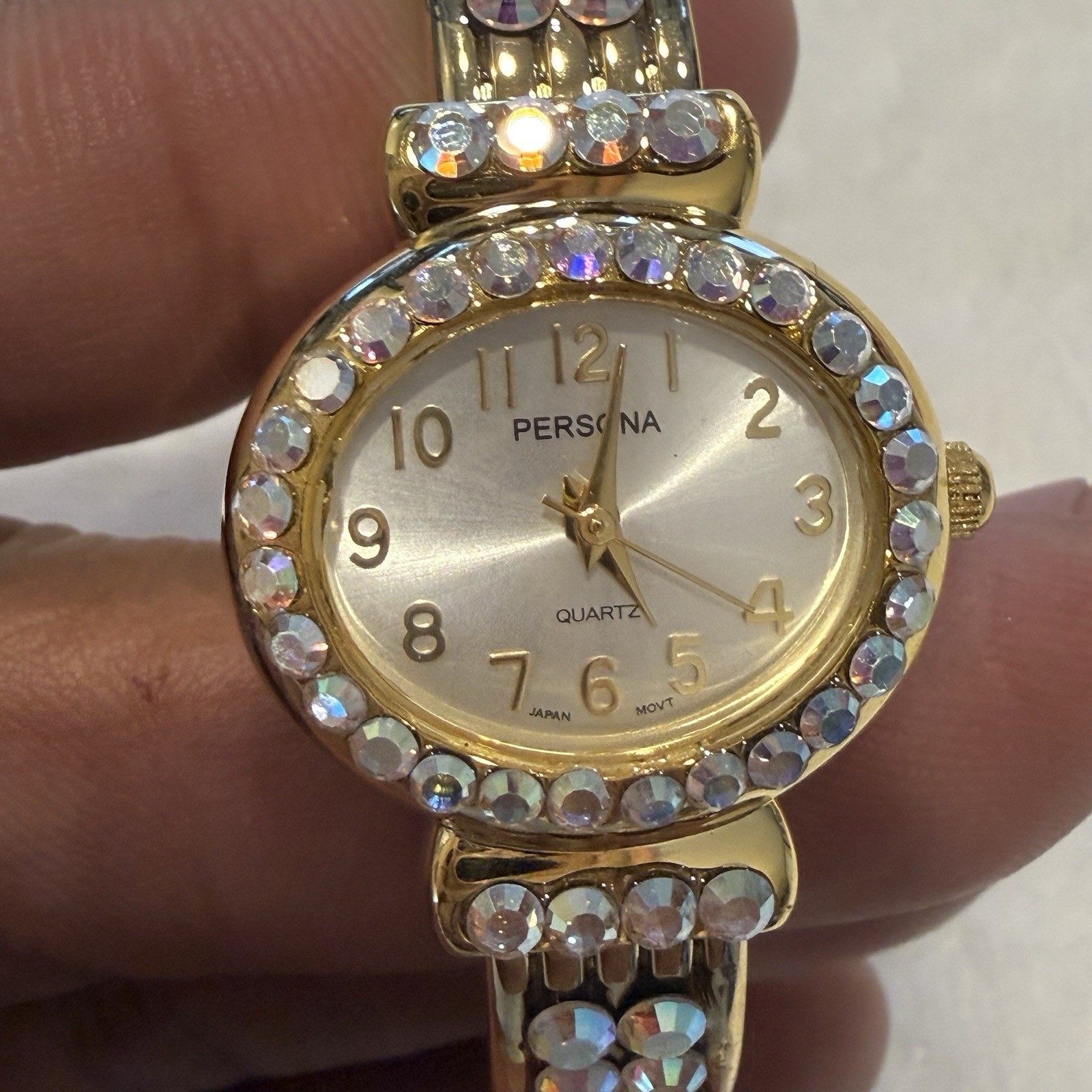 Persona Gold Tone Rhinestone Cuff Bracelet Watch Japan Quartz Women’s Working