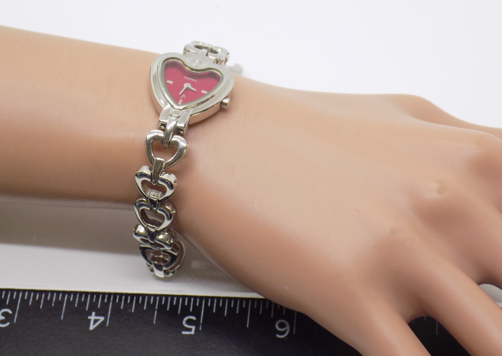 Fossil F2 Womens Watch Pink Heart Dial 22mm Stainless ES-9765 size 6.25″
