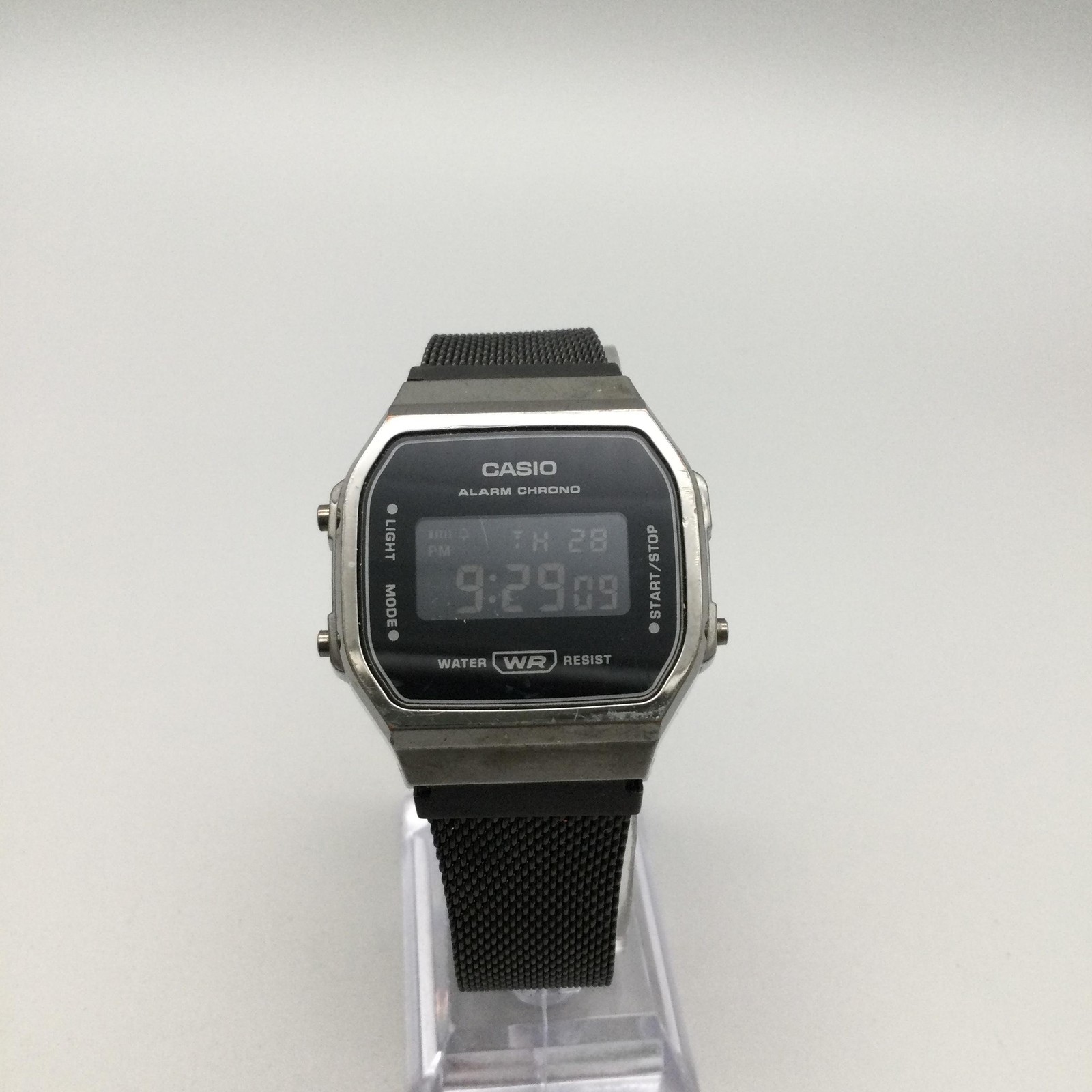 Casio A178WE Mens Watch 35mm Black Digital Dial Silver Tone Mesh Stainless Band