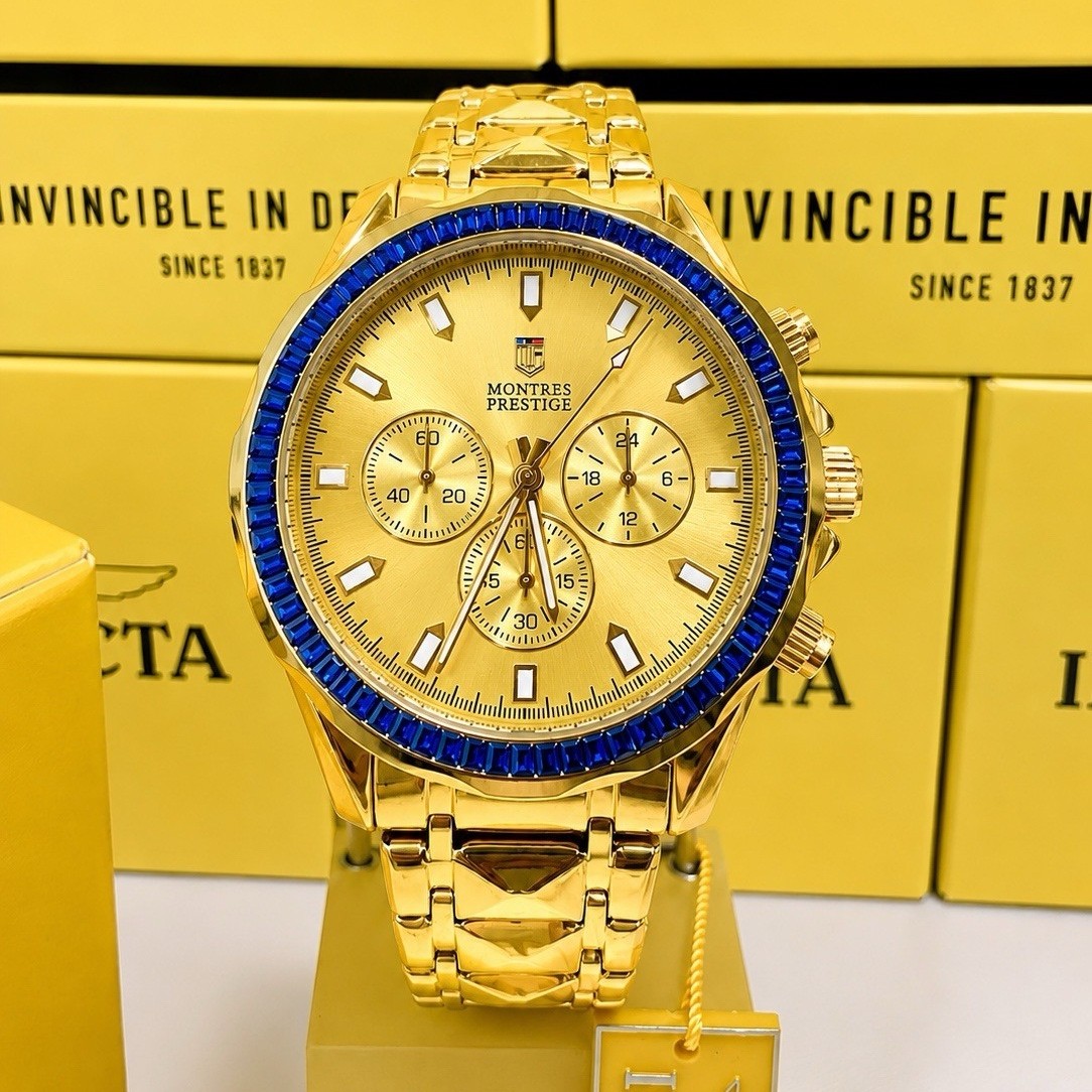 Montres Prestige MPW-0337 Gold Tone Chronograph Blue Bezel Men’s Watch New