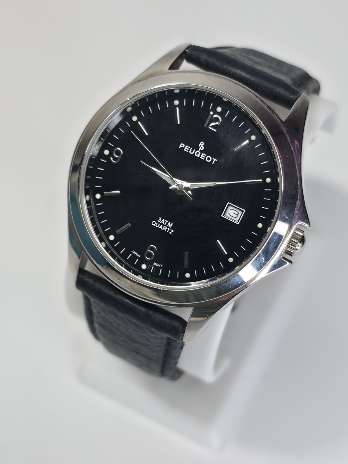 Peugeot 296 Black Dial Quartz Men’s Watch 40.7mm Date 3ATM Dakota Leather Strap