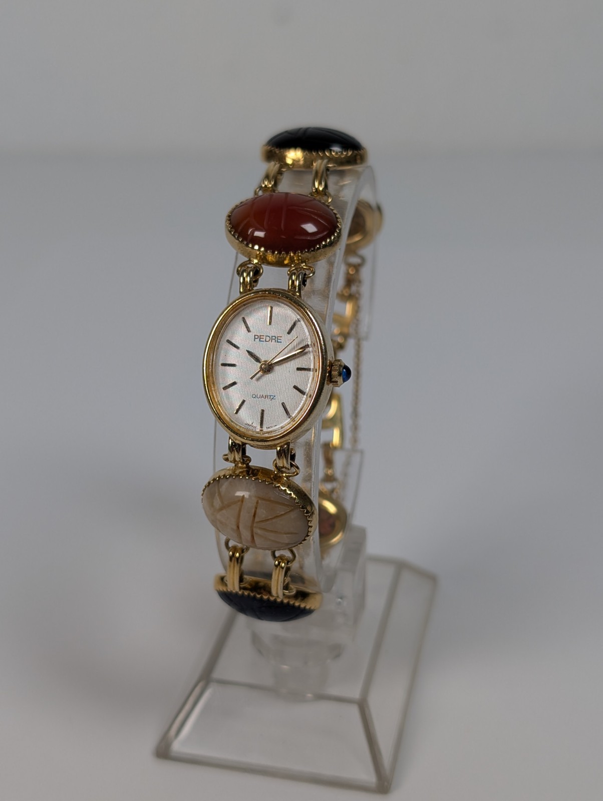 Rare Vtg Gold Tone Scarab Watch Carved Multi-Tone Stone Band NEW BATTERY