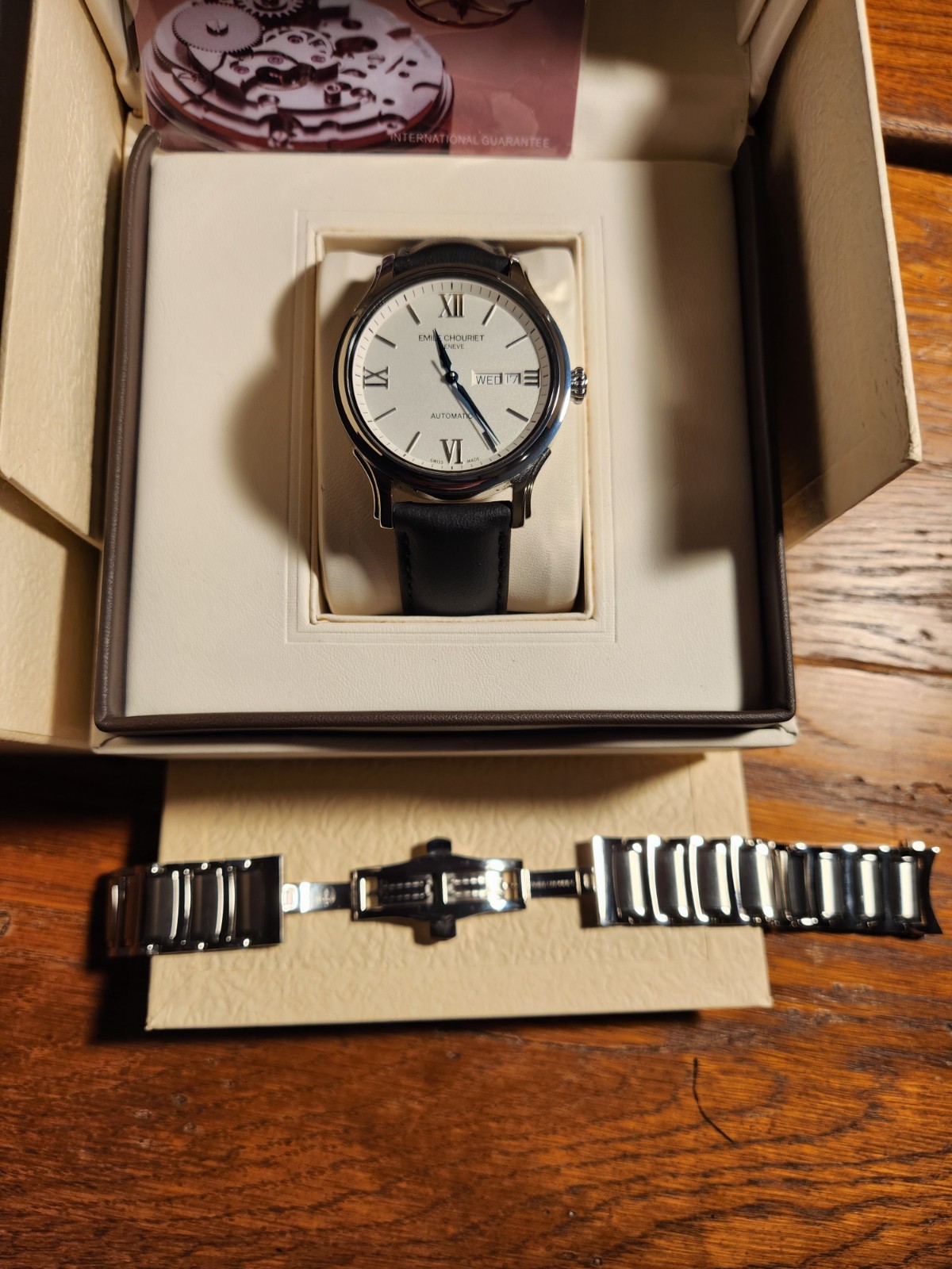 Emile Chouriet Auto Day-Date Silver Roman Dial Black Leather+Metal Bracelet Box