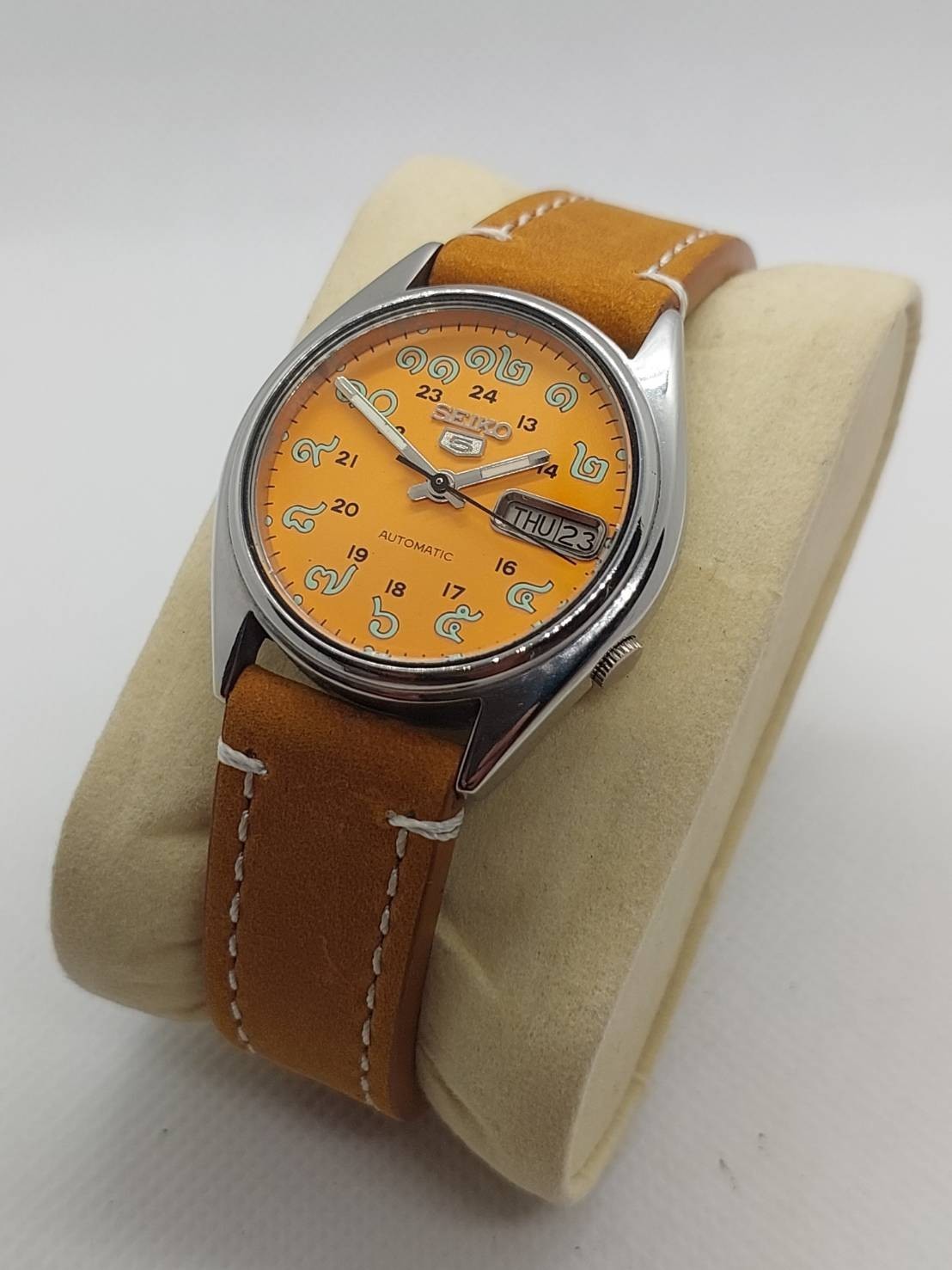 Seiko 5 Automatic 7009 Orange-Thai Numerals Dial with Leather Strap