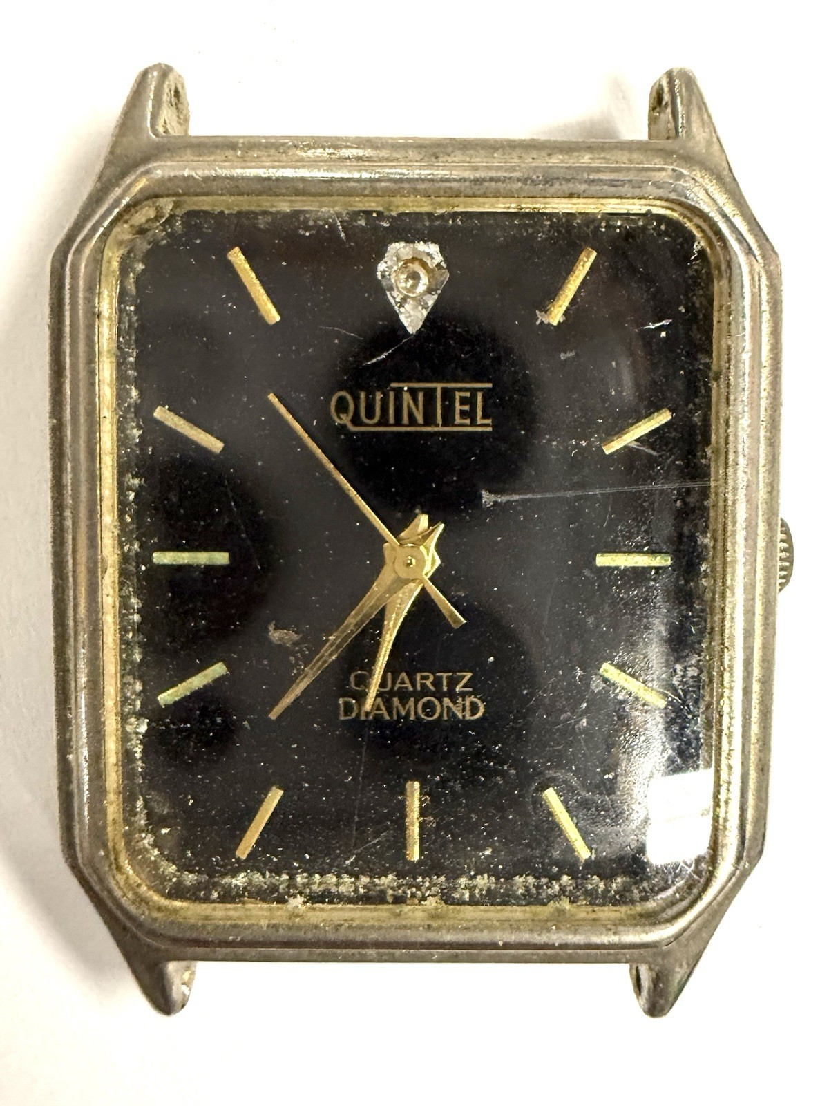 Vintage Quintel Quartz Diamond Tank Watch V121 Made In Hong Kong Black Dial