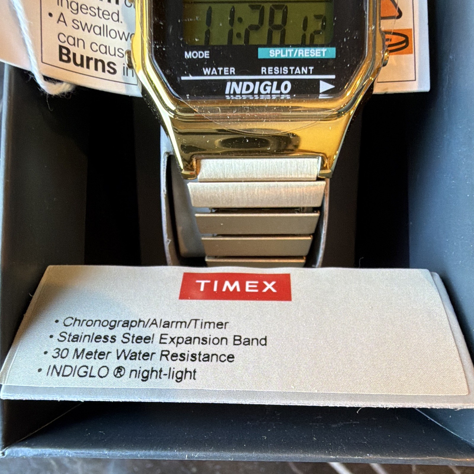Timex Timecenter Digital Quartz 30m Gold-Tone Case SS Expansion Band w/ Box