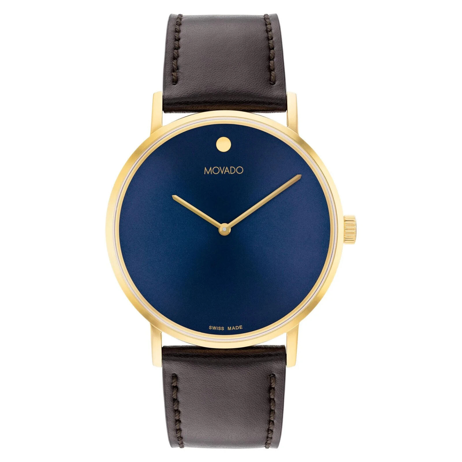 Movado Signature Men’s Blue Dial Black Leather Band Gold Swiss Watch 0607743
