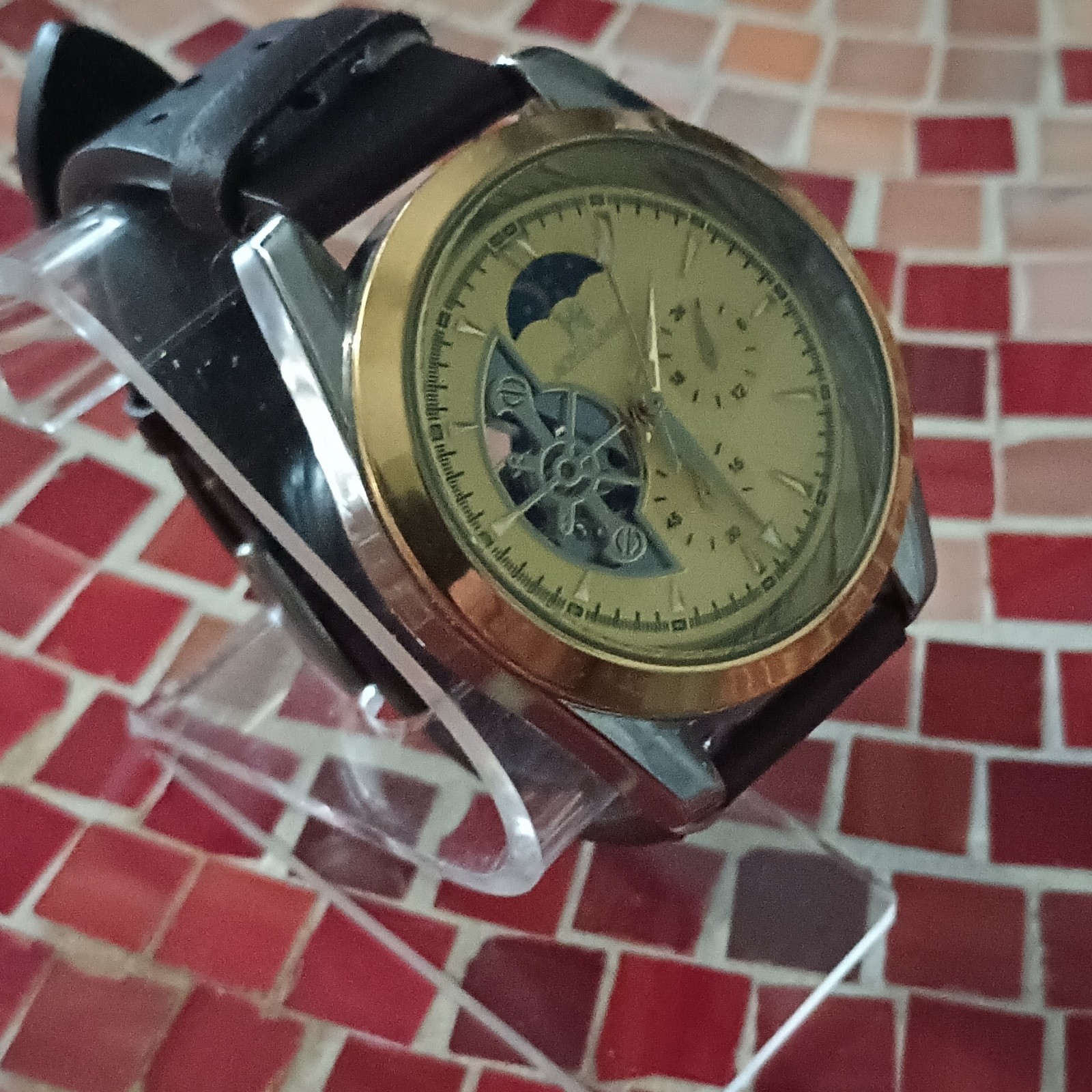 Aokulabic Men’s Automatic Skeleton Gold Dial 40mm Moon Phase