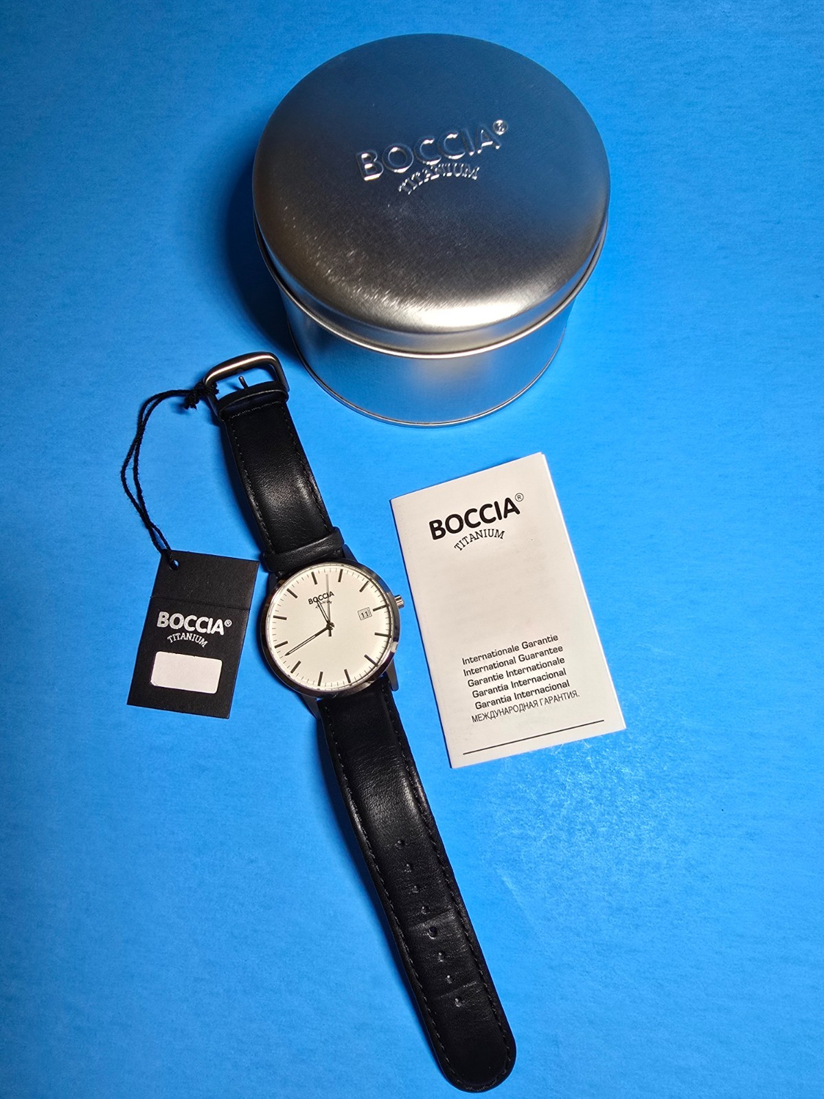 Boccia Titanium Men’s Watch #3588 with Black Leather band in original packaging