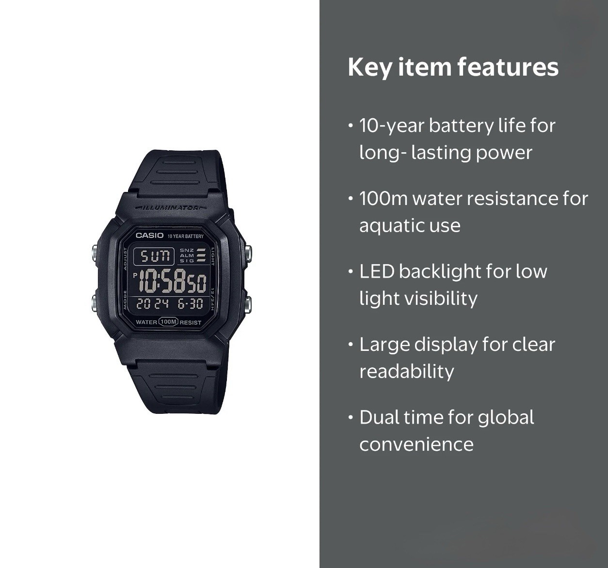 Casio W800H-1BV, Digital Watch, Resin Band, Stopwatch, Alarm, 10 Year Battery
