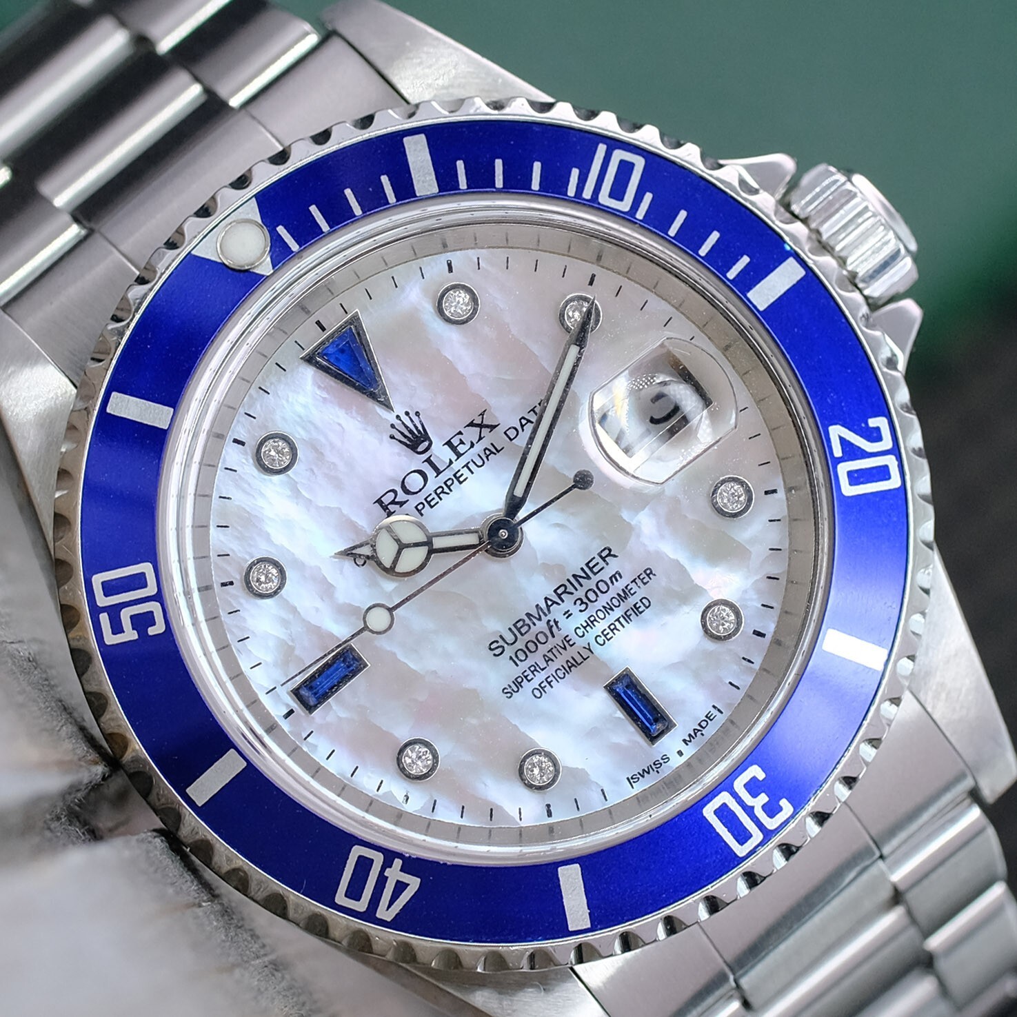 ROLEX SUBMARINER DATE MENS WATCH STEEL WHITE DIAL BLUE INSERT BEZEL OYSTER 40MM