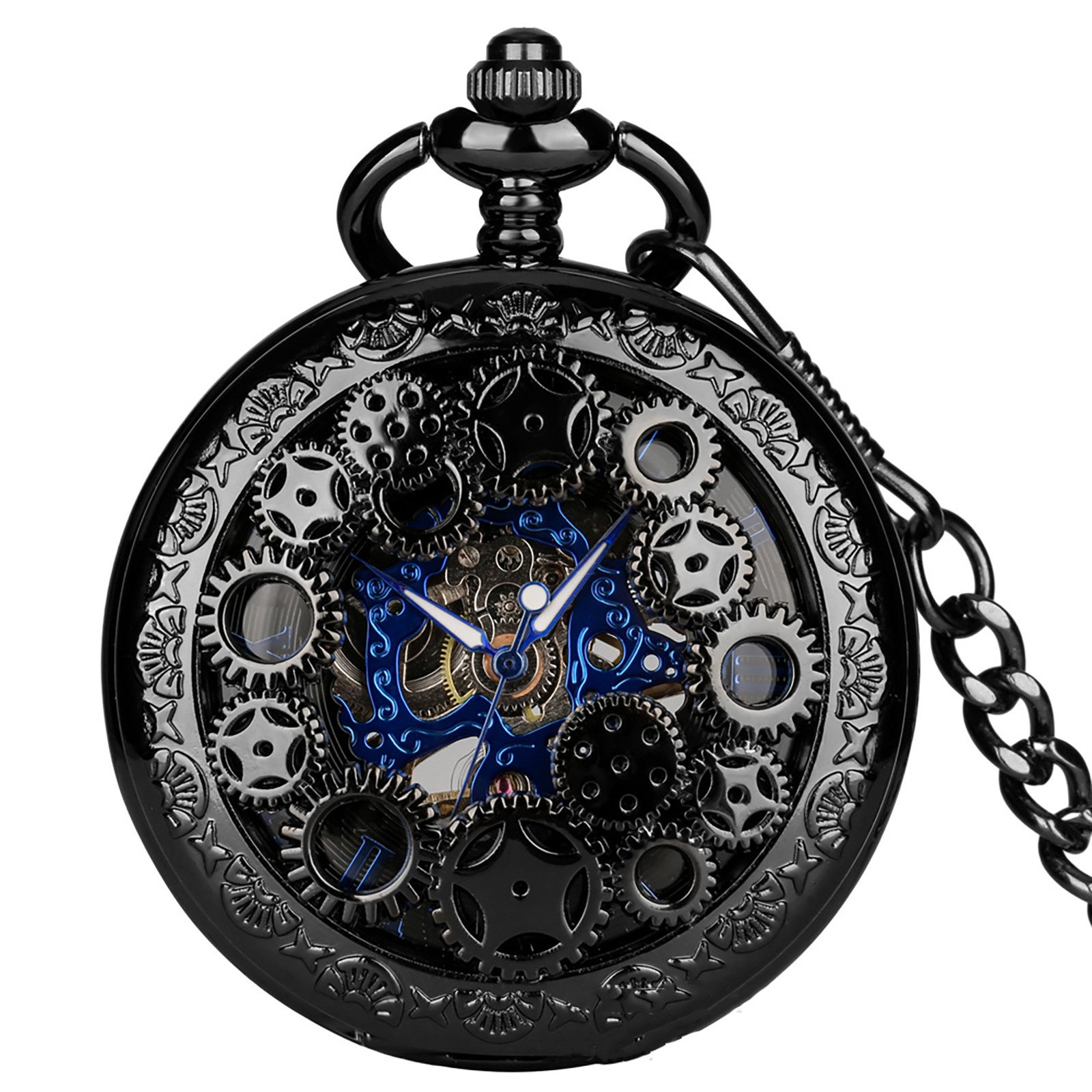 Mens Luxury Skeleton Mechanical Pocket Watch Hollow Half Hunter with Chain