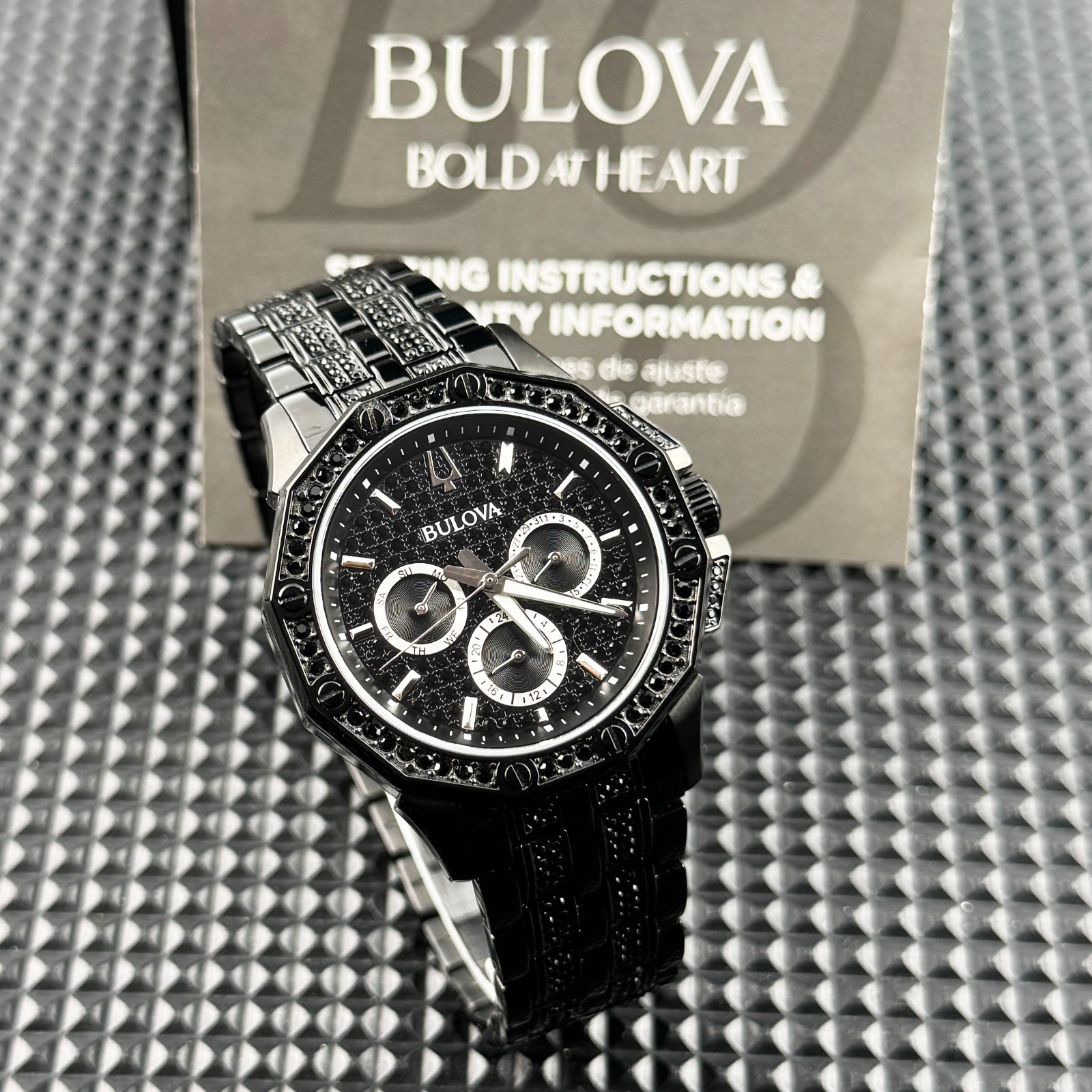 Bulova Octava CRYSTAL Quartz Black Pave Dial 98C134 Men’s Watch 41.5mm