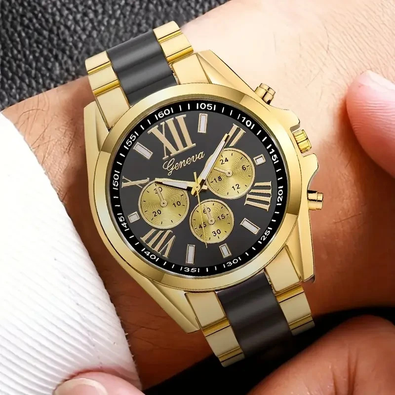 Men’s Luxury Golden-Tone Retro Quartz Watch Roman Numerals – Elegant Casual Watc